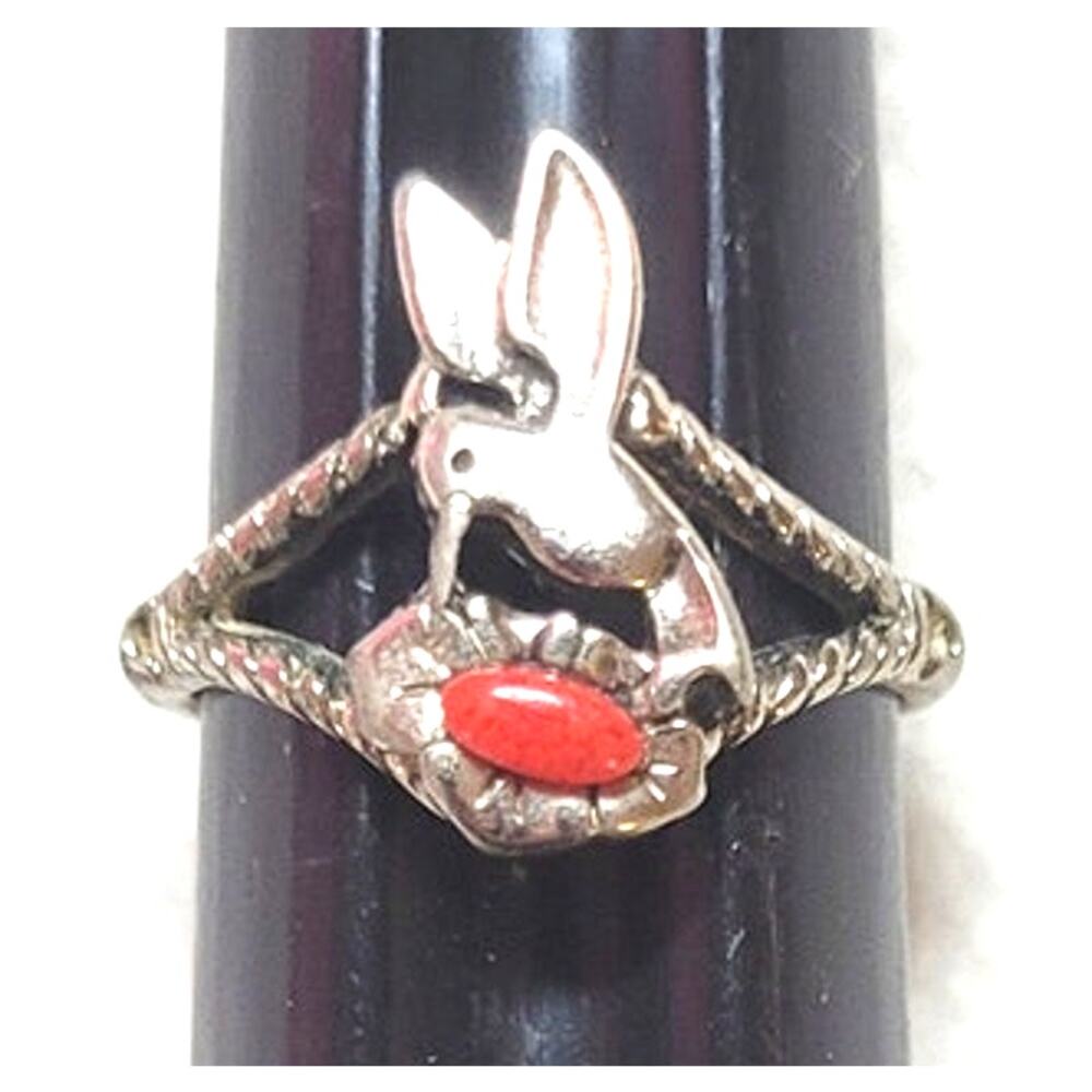 Vintage WJ Hummingbird Ring Stainless Steel Branch Band Red Stone Size 8